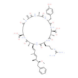 ChemSpider 2D Image | (5R,8R,11R,12S,15S,18S,19S,22R)-15-{3-[(Diaminomethylene)amino]propyl}-8-(4-hydroxybenzyl)-18-[(1E,3E,5S,6S)-6-methoxy-3,5-dimethyl-7-phenyl-1,3-heptadien-1-yl]-1,5,12,19-tetramethyl-2-methylene-3,6,9
,13,16,20,25-heptaoxo-1,4,7,10,14,17,21-heptaazacyclopentacosane-11,22-dicarboxylic acid | C52H72N10O13
