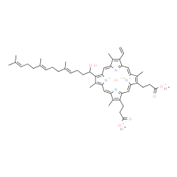ChemSpider 2D Image | Hydrogen iron(2+) 3,3'-{12-[(4E,8E)-1-hydroxy-5,9,13-trimethyl-4,8,12-tetradecatrien-1-yl]-3,8,13,17-tetramethyl-7-vinylporphine-21,23-diide-2,18-diyl}dipropanoate (2:1:1) | C49H58FeN4O5