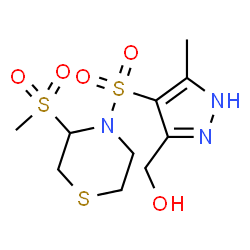 ChemSpider 2D Image | (5-Methyl-4-{[3-(methylsulfonyl)-4-thiomorpholinyl]sulfonyl}-1H-pyrazol-3-yl)methanol | C10H17N3O5S3