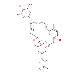 ChemSpider 2D Image | 1,7-Dihydroxy-6,8,16,18-tetramethyl-5-[4-(3-methyl-3-propionyl-2-oxiranyl)-2-pentanyl]-3-oxo-4,21-dioxabicyclo[15.3.1]henicosa-9,15,18-trien-11-yl 2,6-dideoxyhexopyranoside | C40H64O11