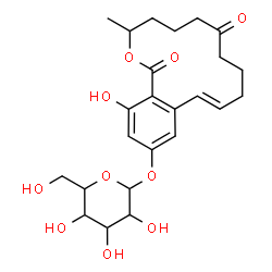 ChemSpider 2D Image | (11E)-16-Hydroxy-3-methyl-1,7-dioxo-3,4,5,6,7,8,9,10-octahydro-1H-2-benzoxacyclotetradecin-14-yl hexopyranoside | C24H32O10