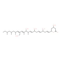 ChemSpider 2D Image | 4-Hydroxy-6-[(1E,5E,9E,13E,15Z)-4,8,12-trihydroxy-15-(hydroxymethyl)-11,13,17,19,21-pentamethyl-1,5,9,13,15-tricosapentaen-1-yl]tetrahydro-2H-pyran-2-one | C34H56O7