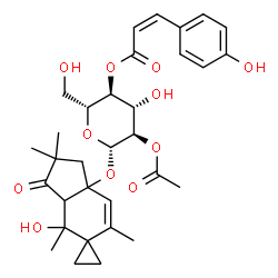 ChemSpider 2D Image | 4'-Hydroxy-2',2',4',6'-tetramethyl-3'-oxo-2',3',3a',4'-tetrahydrospiro[cyclopropane-1,5'-inden]-7a'(1'H)-yl 2-O-acetyl-4-O-[(2Z)-3-(4-hydroxyphenyl)-2-propenoyl]-beta-D-glucopyranoside | C32H40O11