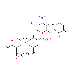 ChemSpider 2D Image | (14E)-3-Ethyl-7-hydroxy-2,8,12,16-tetramethyl-5,13-dioxo-10-(2-oxoethyl)-4,17-dioxabicyclo[14.1.0]heptadec-14-en-9-yl 3,6-dideoxy-3-(dimethylamino)-4-O-[(2R,5R,6S)-5-hydroxy-6-methyltetrahydro-2H-pyra
n-2-yl]hexopyranoside | C37H61NO12