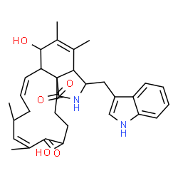 ChemSpider 2D Image | 6,14-Dihydroxy-3-(1H-indol-3-ylmethyl)-4,5,10,12-tetramethyl-3,3a,6,6a,9,10,15,16-octahydro-1H-cyclotrideca[d]isoindole-1,13,17(2H,14H)-trione | C32H38N2O5