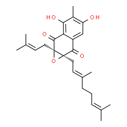 ChemSpider 2D Image | (1aR,7aS)-7a-[(2E)-3,7-Dimethyl-2,6-octadien-1-yl]-3,5-dihydroxy-4-methyl-1a-(3-methyl-2-buten-1-yl)-1a,7a-dihydronaphtho[2,3-b]oxirene-2,7-dione | C26H32O5