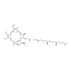 ChemSpider 2D Image | Magnesium (3S,4S,21R)-14-ethyl-13-formyl-21-(methoxycarbonyl)-4,8,18-trimethyl-3-(3-oxo-3-{[(2E,7R,11R)-3,7,11,15-tetramethyl-2-hexadecen-1-yl]oxy}propyl)-9-vinyl-23,25-didehydro-4,21-dihydro-3H-phorb
in-23-id-20-olate | C55H70MgN4O6