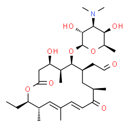 ChemSpider 2D Image | (4R,5S,6S,7R,9R,11E,13E,15S,16R)-16-Ethyl-4-hydroxy-5,9,13,15-tetramethyl-2,10-dioxo-7-(2-oxoethyl)oxacyclohexadeca-11,13-dien-6-yl 3,6-dideoxy-3-(dimethylamino)-beta-D-galactopyranoside | C31H51NO9
