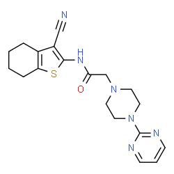 ChemSpider 2D Image | N-(3-Cyano-4,5,6,7-tetrahydro-1-benzothiophen-2-yl)-2-[4-(2-pyrimidinyl)-1-piperazinyl]acetamide | C19H22N6OS