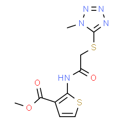 ChemSpider 2D Image | Methyl 2-({[(1-methyl-1H-tetrazol-5-yl)sulfanyl]acetyl}amino)-3-thiophenecarboxylate | C10H11N5O3S2