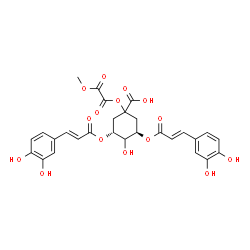 ChemSpider 2D Image | (3R,5R)-3,5-Bis{[(2E)-3-(3,4-dihydroxyphenyl)-2-propenoyl]oxy}-4-hydroxy-1-[2-methoxy(oxo)acetoxy]cyclohexanecarboxylic acid | C28H26O15