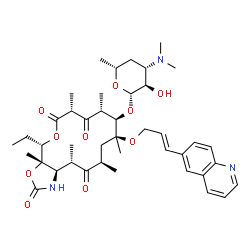 ChemSpider 2D Image | (3aS,4S,7R,9R,10R,11S,13R,15S,15aR)-4-Ethyl-3a,7,9,11,13,15-hexamethyl-2,6,8,14-tetraoxo-11-{[(2E)-3-(6-quinolinyl)-2-propen-1-yl]oxy}tetradecahydro-2H-oxacyclotetradecino[4,3-d][1,3]oxazol-10-yl 3,4,
6-trideoxy-3-(dimethylamino)-beta-D-xylo-hexopyranoside | C42H59N3O10