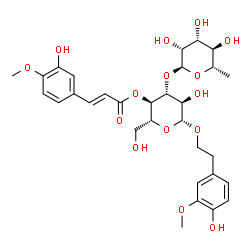 ChemSpider 2D Image | 2-(4-Hydroxy-3-methoxyphenyl)ethyl 3-O-(6-deoxy-alpha-L-mannopyranosyl)-4-O-[(2E)-3-(3-hydroxy-4-methoxyphenyl)-2-propenoyl]-beta-D-glucopyranoside | C31H40O15