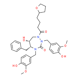 ChemSpider 2D Image | (5R,6R)-5-Benzyl-6-hydroxy-2,4-bis(4-hydroxy-3-methoxybenzyl)-1-[4-(tetrahydro-2-furanyl)butanoyl]-1,2,4-triazepan-3-one | C35H43N3O8