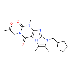 ChemSpider 2D Image | 1,6,7-Trimethyl-3-(2-oxopropyl)-8-(tetrahydro-2-furanylmethyl)-1H-imidazo[2,1-f]purine-2,4(3H,8H)-dione | C18H23N5O4
