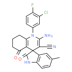 ChemSpider 2D Image | 2'-Amino-1'-(3-chloro-4-fluorophenyl)-5-methyl-2,5'-dioxo-1,2,5',6',7',8'-hexahydro-1'H-spiro[indole-3,4'-quinoline]-3'-carbonitrile | C24H18ClFN4O2