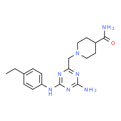 ChemSpider 2D Image | 1-({4-Amino-6-[(4-ethylphenyl)amino]-1,3,5-triazin-2-yl}methyl)-4-piperidinecarboxamide | C18H25N7O