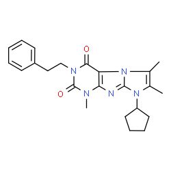 ChemSpider 2D Image | 8-Cyclopentyl-1,6,7-trimethyl-3-phenethyl-1H,8H-imidazo[2,1-f]purine-2,4-dione | C23H27N5O2
