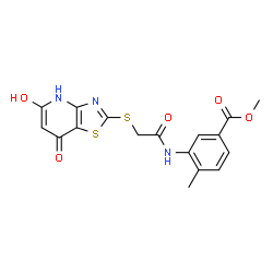 ChemSpider 2D Image | Methyl 3-({[(5-hydroxy-7-oxo-4,7-dihydro[1,3]thiazolo[4,5-b]pyridin-2-yl)sulfanyl]acetyl}amino)-4-methylbenzoate | C17H15N3O5S2