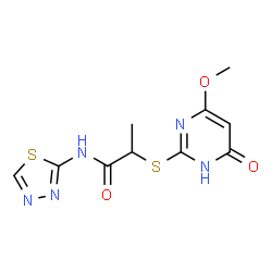 ChemSpider 2D Image | 2-[(4-Methoxy-6-oxo-1,6-dihydro-2-pyrimidinyl)sulfanyl]-N-(1,3,4-thiadiazol-2-yl)propanamide | C10H11N5O3S2