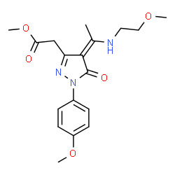 ChemSpider 2D Image | Methyl [(4Z)-4-{1-[(2-methoxyethyl)amino]ethylidene}-1-(4-methoxyphenyl)-5-oxo-4,5-dihydro-1H-pyrazol-3-yl]acetate | C18H23N3O5