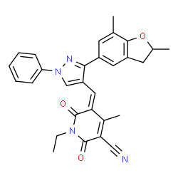 ChemSpider 2D Image | (5Z)-5-{[3-(2,7-Dimethyl-2,3-dihydro-1-benzofuran-5-yl)-1-phenyl-1H-pyrazol-4-yl]methylene}-1-ethyl-4-methyl-2,6-dioxo-1,2,5,6-tetrahydropyridine-3-carbonitrile | C29H26N4O3