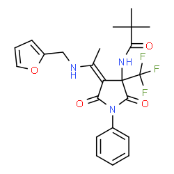 ChemSpider 2D Image | N-[(4Z)-4-{1-[(2-Furylmethyl)amino]ethylidene}-2,5-dioxo-1-phenyl-3-(trifluoromethyl)-3-pyrrolidinyl]-2,2-dimethylpropanamide | C23H24F3N3O4