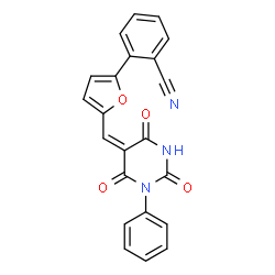 ChemSpider 2D Image | 2-{5-[(E)-(2,4,6-Trioxo-1-phenyltetrahydro-5(2H)-pyrimidinylidene)methyl]-2-furyl}benzonitrile | C22H13N3O4