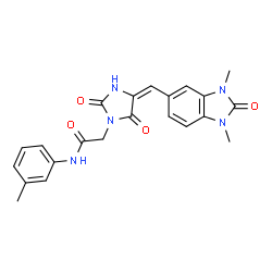 ChemSpider 2D Image | 2-{(4E)-4-[(1,3-Dimethyl-2-oxo-2,3-dihydro-1H-benzimidazol-5-yl)methylene]-2,5-dioxo-1-imidazolidinyl}-N-(3-methylphenyl)acetamide | C22H21N5O4