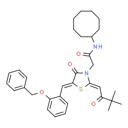 ChemSpider 2D Image | 2-[(2Z,5Z)-5-[2-(Benzyloxy)benzylidene]-2-(3,3-dimethyl-2-oxobutylidene)-4-oxo-1,3-thiazolidin-3-yl]-N-cyclooctylacetamide | C33H40N2O4S
