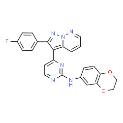 ChemSpider 2D Image | N-(2,3-Dihydro-1,4-benzodioxin-6-yl)-4-[2-(4-fluorophenyl)pyrazolo[1,5-b]pyridazin-3-yl]-2-pyrimidinamine | C24H17FN6O2