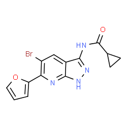ChemSpider 2D Image | N-[5-Bromo-6-(2-furyl)-1H-pyrazolo[3,4-b]pyridin-3-yl]cyclopropanecarboxamide | C14H11BrN4O2