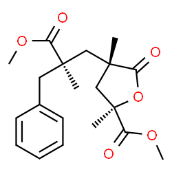 ChemSpider 2D Image | Methyl (2R,4S)-4-[(2R)-2-benzyl-3-methoxy-2-methyl-3-oxopropyl]-2,4-dimethyl-5-oxotetrahydro-2-furancarboxylate | C20H26O6