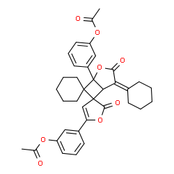 ChemSpider 2D Image | (4'-Cyclohexylidene-2'',3'-dioxo-1'H-dispiro[cyclohexane-1,7'-[2]oxabicyclo[3.2.0]heptane-6',3''-furan]-1',5''-diyl)di-3,1-phenylene diacetate | C36H36O8