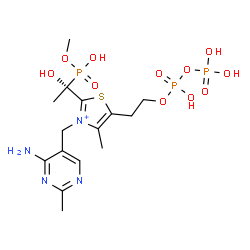 ChemSpider 2D Image | 3-[(4-Amino-2-methyl-5-pyrimidinyl)methyl]-2-{(1R)-1-hydroxy-1-[hydroxy(methoxy)phosphoryl]ethyl}-5-(2-{[hydroxy(phosphonooxy)phosphoryl]oxy}ethyl)-4-methyl-1,3-thiazol-3-ium | C15H26N4O11P3S