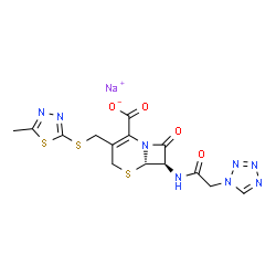 ChemSpider 2D Image | Sodium (6S,7R)-3-{[(5-methyl-1,3,4-thiadiazol-2-yl)sulfanyl]methyl}-8-oxo-7-[(1H-tetrazol-1-ylacetyl)amino]-5-thia-1-azabicyclo[4.2.0]oct-2-ene-2-carboxylate | C14H13N8NaO4S3