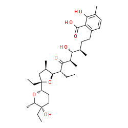 ChemSpider 2D Image | 6-[(3R,4R,5R,7S)-7-{(2S,3R,5S)-5-Ethyl-5-[(2S,5S,6S)-5-ethyl-5-hydroxy-6-methyltetrahydro-2H-pyran-2-yl]-3-methyltetrahydro-2-furanyl}-4-hydroxy-3,5-dimethyl-6-oxononyl]-2-hydroxy-3-methylbenzoic acid | C34H54O8