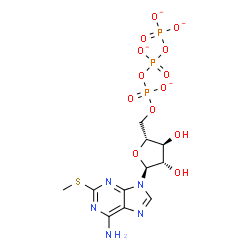 ChemSpider 2D Image | 2-(Methylsulfanyl)-9-[5-O-({[(phosphonatooxy)phosphinato]oxy}phosphinato)-alpha-D-arabinofuranosyl]-9H-purin-6-amine | C11H14N5O13P3S
