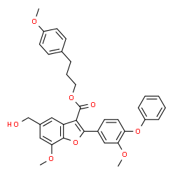 ChemSpider 2D Image | 3-(4-Methoxyphenyl)propyl 5-(hydroxymethyl)-7-methoxy-2-(3-methoxy-4-phenoxyphenyl)-1-benzofuran-3-carboxylate | C34H32O8