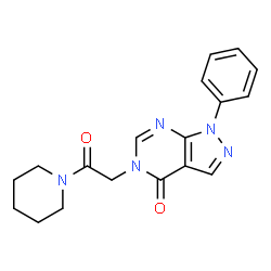ChemSpider 2D Image | 4H-Pyrazolo[3,4-d]pyrimidin-4-one, 1,5-dihydro-1-phenyl-5-[2-(1-piperidyl)-2-oxoethyl]- | C18H19N5O2