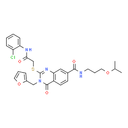 ChemSpider 2D Image | 2-({2-[(2-Chlorophenyl)amino]-2-oxoethyl}sulfanyl)-3-(2-furylmethyl)-N-(3-isopropoxypropyl)-4-oxo-3,4-dihydro-7-quinazolinecarboxamide | C28H29ClN4O5S