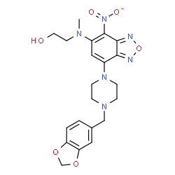 ChemSpider 2D Image | 2-[{7-[4-(1,3-Benzodioxol-5-ylmethyl)-1-piperazinyl]-4-nitro-2,1,3-benzoxadiazol-5-yl}(methyl)amino]ethanol | C21H24N6O6