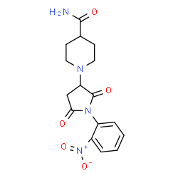 ChemSpider 2D Image | 1-[1-(2-Nitrophenyl)-2,5-dioxo-3-pyrrolidinyl]-4-piperidinecarboxamide | C16H18N4O5