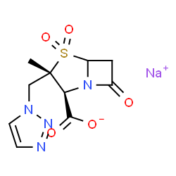 ChemSpider 2D Image | Sodium (2S,3S)-3-methyl-7-oxo-3-(1H-1,2,3-triazol-1-ylmethyl)-4-thia-1-azabicyclo[3.2.0]heptane-2-carboxylate 4,4-dioxide | C10H11N4NaO5S