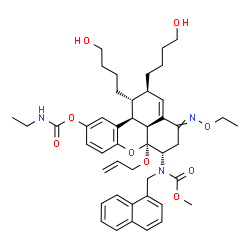 ChemSpider 2D Image | (1R,2R,6S,6aS,11bS,11cS)-6a-(Allyloxy)-4-(ethoxyimino)-1,2-bis(4-hydroxybutyl)-6-[(methoxycarbonyl)(1-naphthylmethyl)amino]-1,2,4,5,6,6a,11b,11c-octahydrobenzo[kl]xanthen-10-yl ethylcarbamate | C45H57N3O9