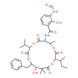 ChemSpider 2D Image | N-(15-Benzyl-10-sec-butyl-14-hydroxy-3-isopropyl-7,13,13-trimethyl-2,5,9,12-tetraoxo-1,4,8,11-tetraoxacyclopentadecan-6-yl)-3-formamido-2-hydroxybenzamide | C36H46N2O12