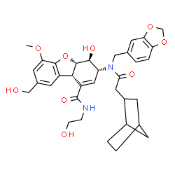 ChemSpider 2D Image | (3R,4S,4aS,9bS)-3-[(1,3-Benzodioxol-5-ylmethyl)(bicyclo[2.2.1]hept-2-ylacetyl)amino]-4-hydroxy-N-(2-hydroxyethyl)-8-(hydroxymethyl)-6-methoxy-3,4,4a,9b-tetrahydrodibenzo[b,d]furan-1-carboxamide | C34H40N2O9