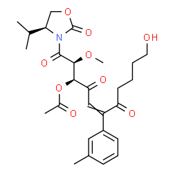 ChemSpider 2D Image | (2S,3S)-11-Hydroxy-1-[(4S)-4-isopropyl-2-oxo-1,3-oxazolidin-3-yl]-2-methoxy-6-(3-methylphenyl)-1,4,7-trioxo-5-undecen-3-yl acetate | C27H35NO9