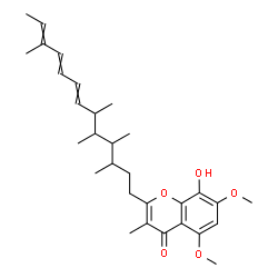 ChemSpider 2D Image | 8-Hydroxy-5,7-dimethoxy-3-methyl-2-(3,4,5,6,11-pentamethyl-7,9,11-tridecatrien-1-yl)-4H-chromen-4-one | C30H42O5