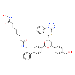 ChemSpider 2D Image | N-Hydroxy-N'-({4'-[(2S,4R,6S)-4-[4-(hydroxymethyl)phenyl]-6-{[(1-phenyl-1H-tetrazol-5-yl)sulfanyl]methyl}-1,3-dioxan-2-yl]-2-biphenylyl}methyl)octanediamide | C40H44N6O6S